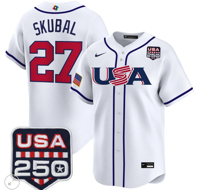 Men Team USA World Baseball Classic 250 America Patch #27 Tarik Skubal  white 2026 MLB Jersey